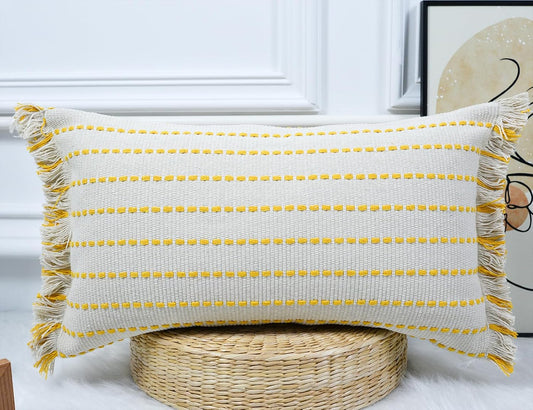Decorative Farmhouse Fringed Long Lumbar Throw Pillow Cover 12 x 26,Clasic Striped Textured Cotton Boho Decor Long Lumbar Pillow Cover Pillow Case for Sofa Couch Bed,Yellow and Off White