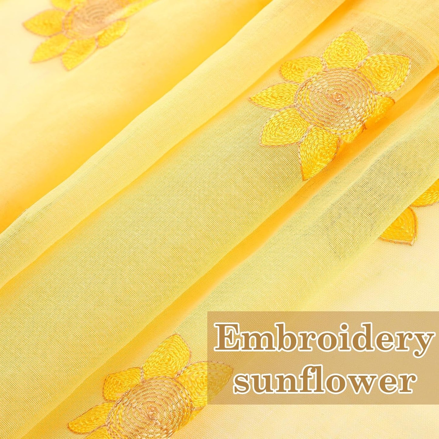 Tegeme 1 Panel Yellow Sunflowers Sheer Valances for Windows 52 x 18 Inch Embroidered Decorative Valances Curtain for Small Window Kitchen Bathroom Living Room Rod Pocket Voile Curtain Decor