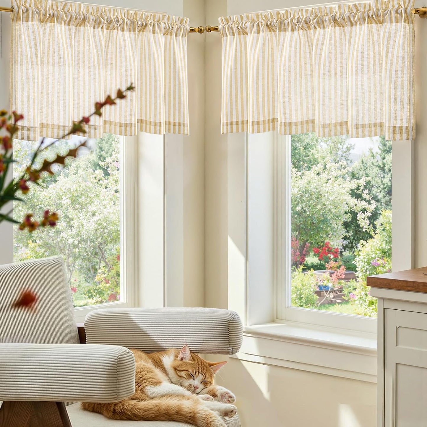 jinchan Linen Stripe Valance for Window 16 Inch Modern Rustic Farmhouse Valance for Kitchen Living Room Bathroom Window Treatment Light Filtering Rod Pocket 1 Panel Mustard Yellow on Linen