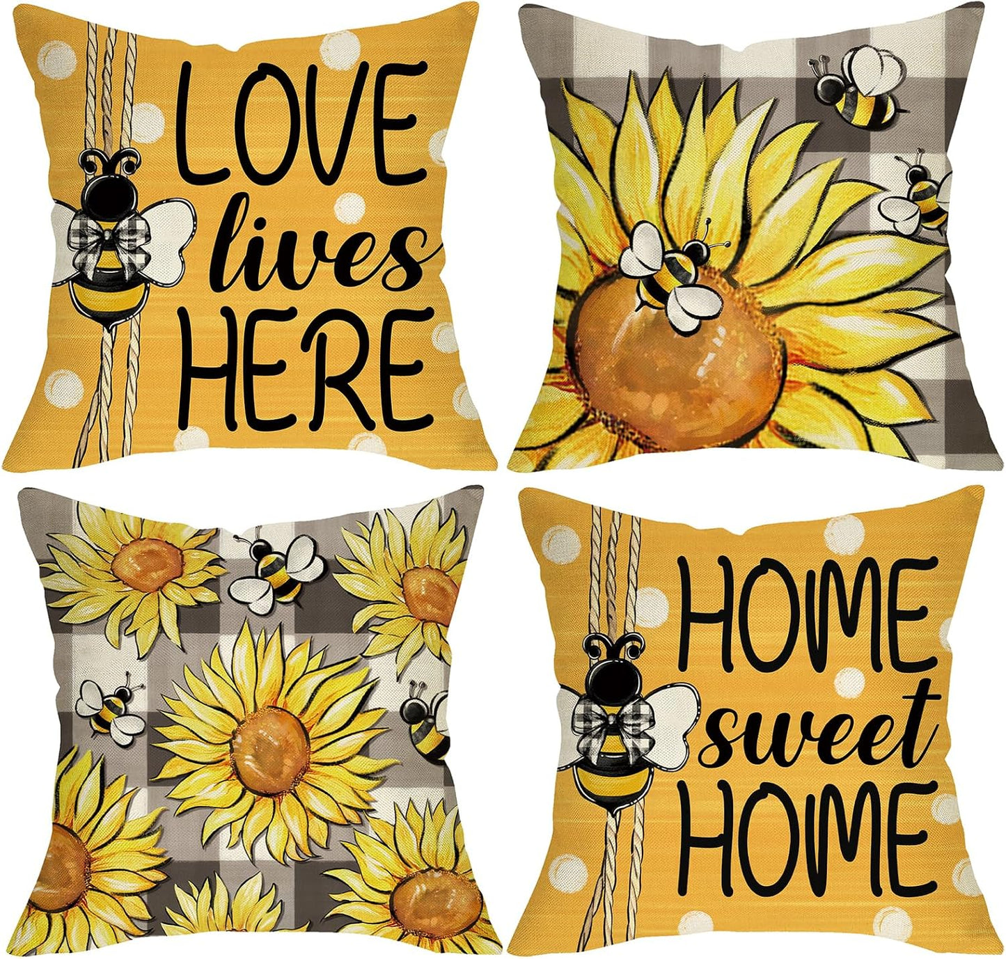 Spring Summer Sunflower Decorative Throw Pillow Covers 18 x 18 Set of 4, Yellow Flower Bumble Bee Home Sweet Home Decor, Love Lives Here Floral Plaid Polka Dots Farmhouse Sofa Couch Cushion Case