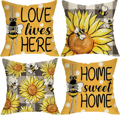 Spring Summer Sunflower Decorative Throw Pillow Covers 18 x 18 Set of 4, Yellow Flower Bumble Bee Home Sweet Home Decor, Love Lives Here Floral Plaid Polka Dots Farmhouse Sofa Couch Cushion Case