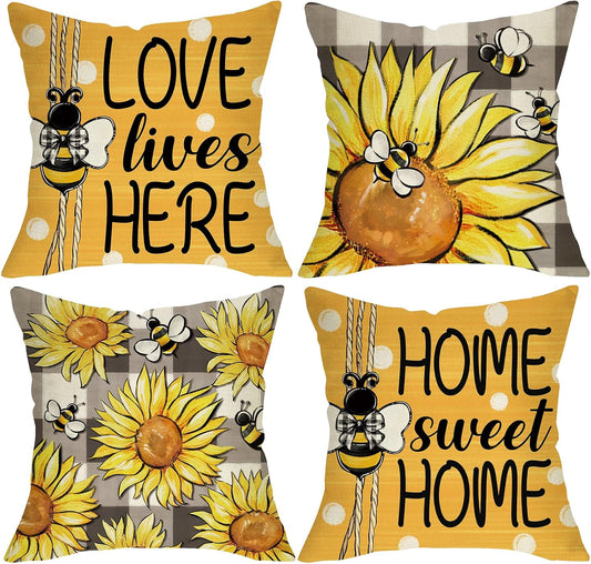 Spring Summer Sunflower Decorative Throw Pillow Covers 18 x 18 Set of 4, Yellow Flower Bumble Bee Home Sweet Home Decor, Love Lives Here Floral Plaid Polka Dots Farmhouse Sofa Couch Cushion Case