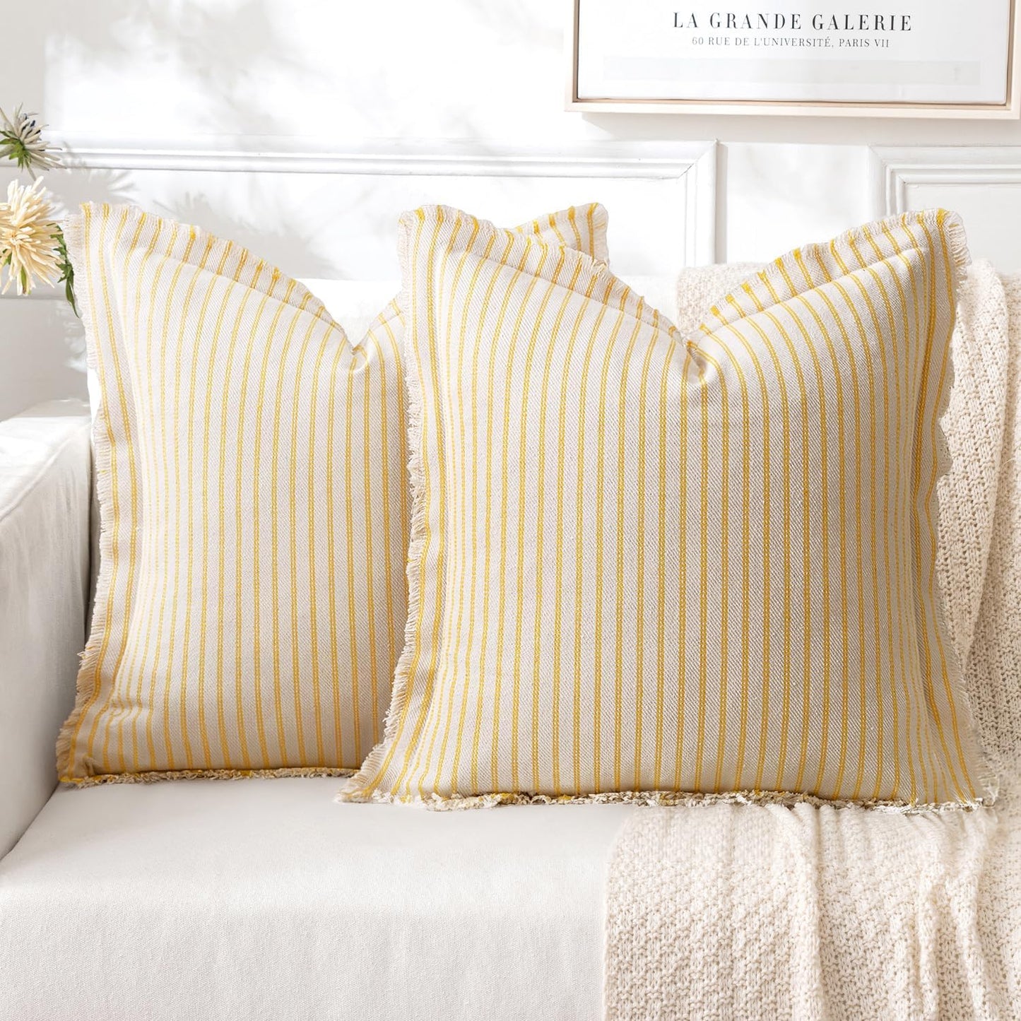 MIULEE Pack of 2 Yellow Pillow Covers 20x20 Inch Striped Farmhouse Couch Spring Throw Pillow Covers with Fringe Chic Cotton Decorative Cushion Covers for Summer Sofa Living Room Bed Outdoor Home Decor