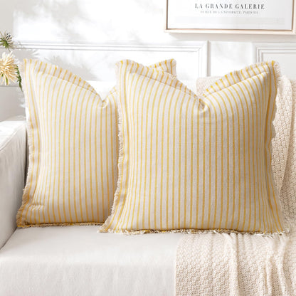 MIULEE Pack of 2 Yellow Pillow Covers 20x20 Inch Striped Farmhouse Couch Spring Throw Pillow Covers with Fringe Chic Cotton Decorative Cushion Covers for Summer Sofa Living Room Bed Outdoor Home Decor