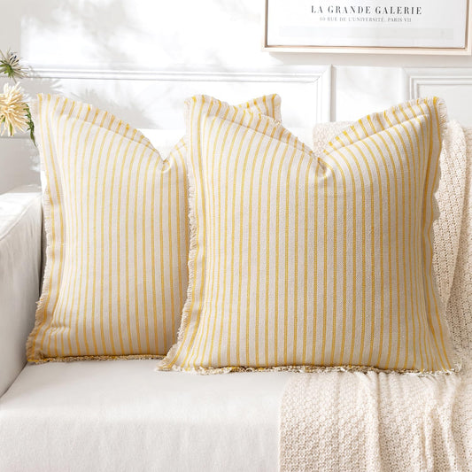 MIULEE Pack of 2 Yellow Pillow Covers 20x20 Inch Striped Farmhouse Couch Spring Throw Pillow Covers with Fringe Chic Cotton Decorative Cushion Covers for Summer Sofa Living Room Bed Outdoor Home Decor