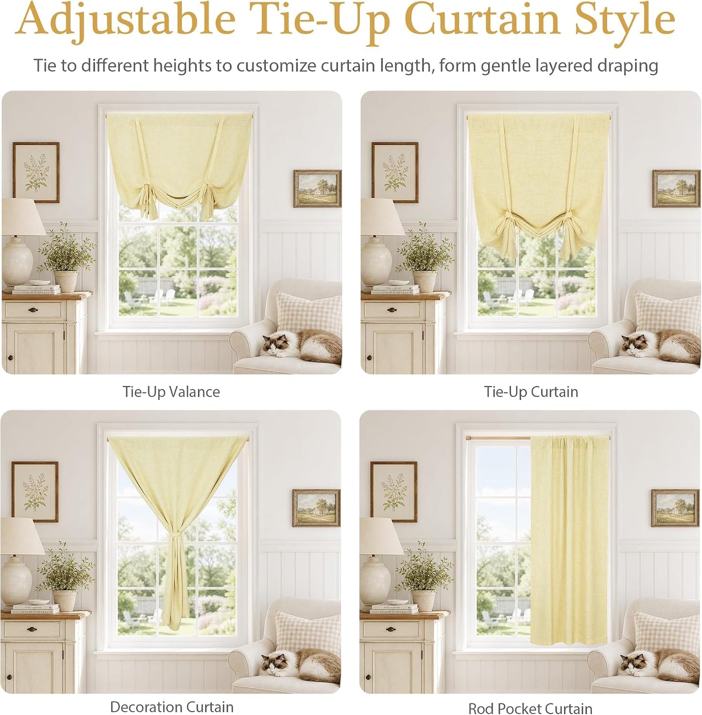 DriftAway Double Layer Linen Blackout Tie Up Curtains Thermal Insulated Fully Lined Balloon Roman Shade Bathroom Window Adjustable Rod Pocket for Small Window 31 Inch by 47 Inch Yellow