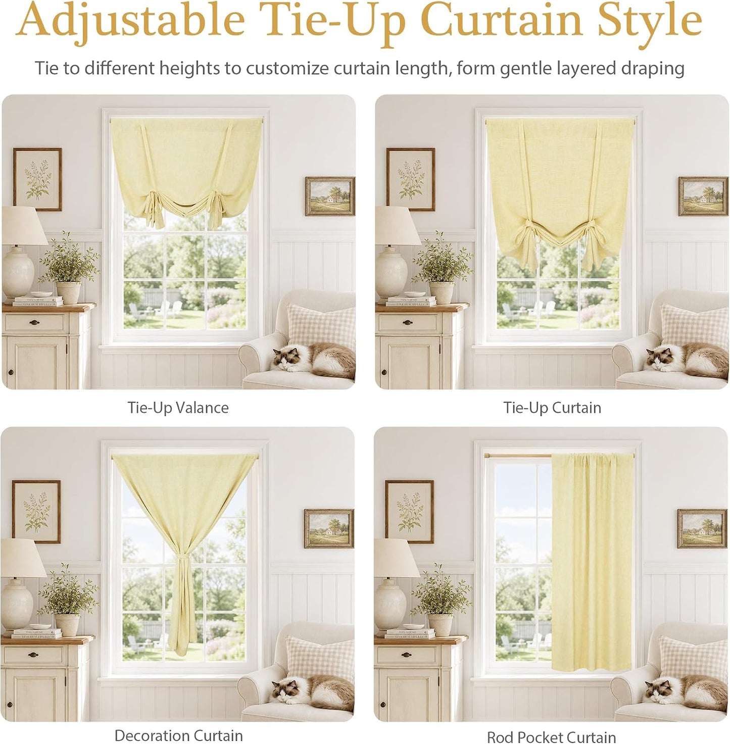 DriftAway Double Layer Linen Blackout Tie Up Curtains Thermal Insulated Fully Lined Balloon Roman Shade Bathroom Window Adjustable Rod Pocket for Small Window 39 Inch by 55 Inch Yellow