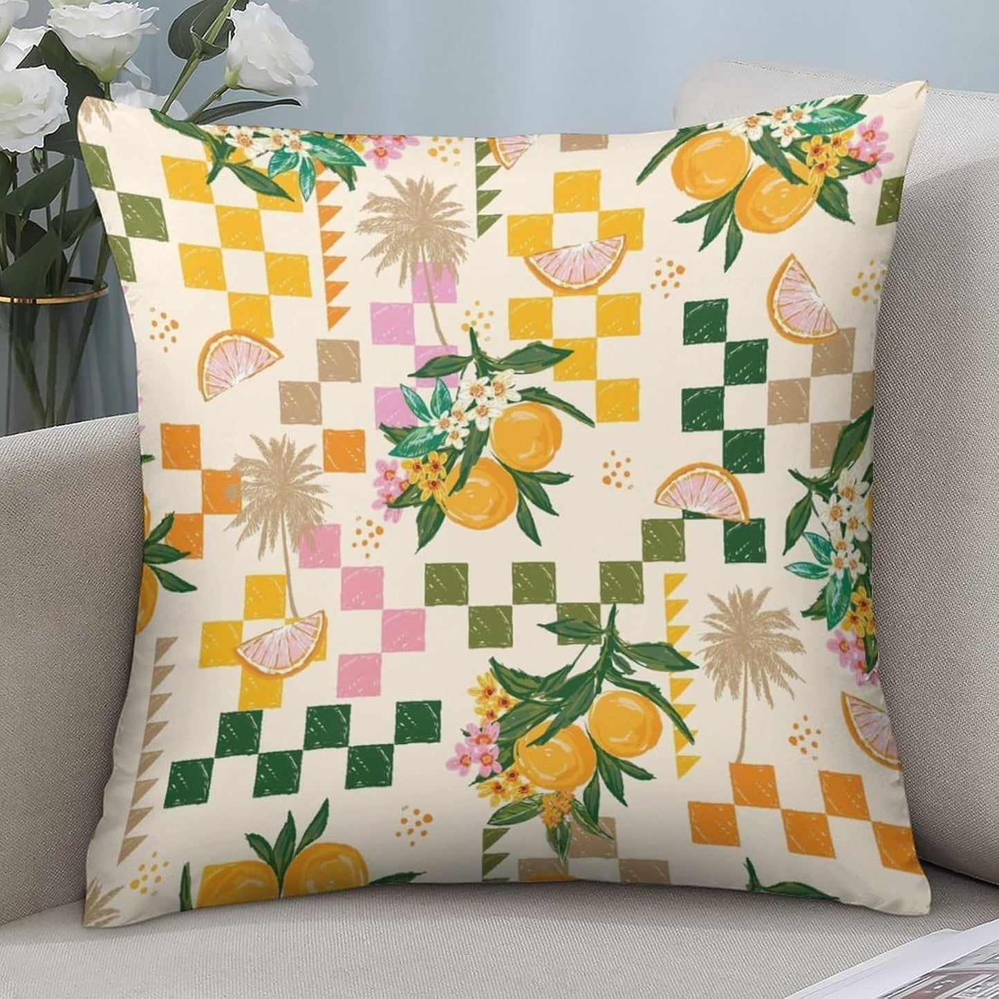 Tropical Summer Fruit Pillow Cover Set of 2 Lemon Orange Flower Palm Tree Hand Painted Home Decor for Living Room Couch Sofa Bed Aesthetic Design Linen Cushion Pillowcase 16"x16"