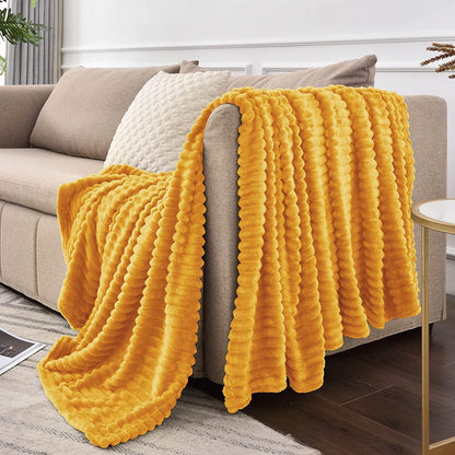 BEDELITE Fleece Blanket - 3D Ribbed Jacquard Decorative Yellow Throw Blanket for Couch & Bed, Lightweight Warm Cozy Soft Fuzzy Blankets All Seasons Suitable 50x60 inches