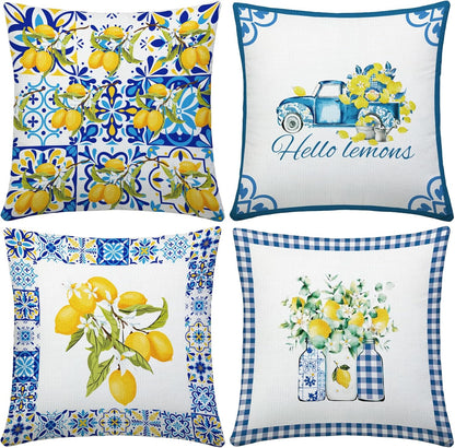 Italian Lemon Pillow Covers Set of 4, 18x18 Inch Blue Lemon Floral Throw Pillow Covers, Polyester Summer Fruit Cushion Case Decorations for Holiday Farmhouse Home Sofa Couch Gifts