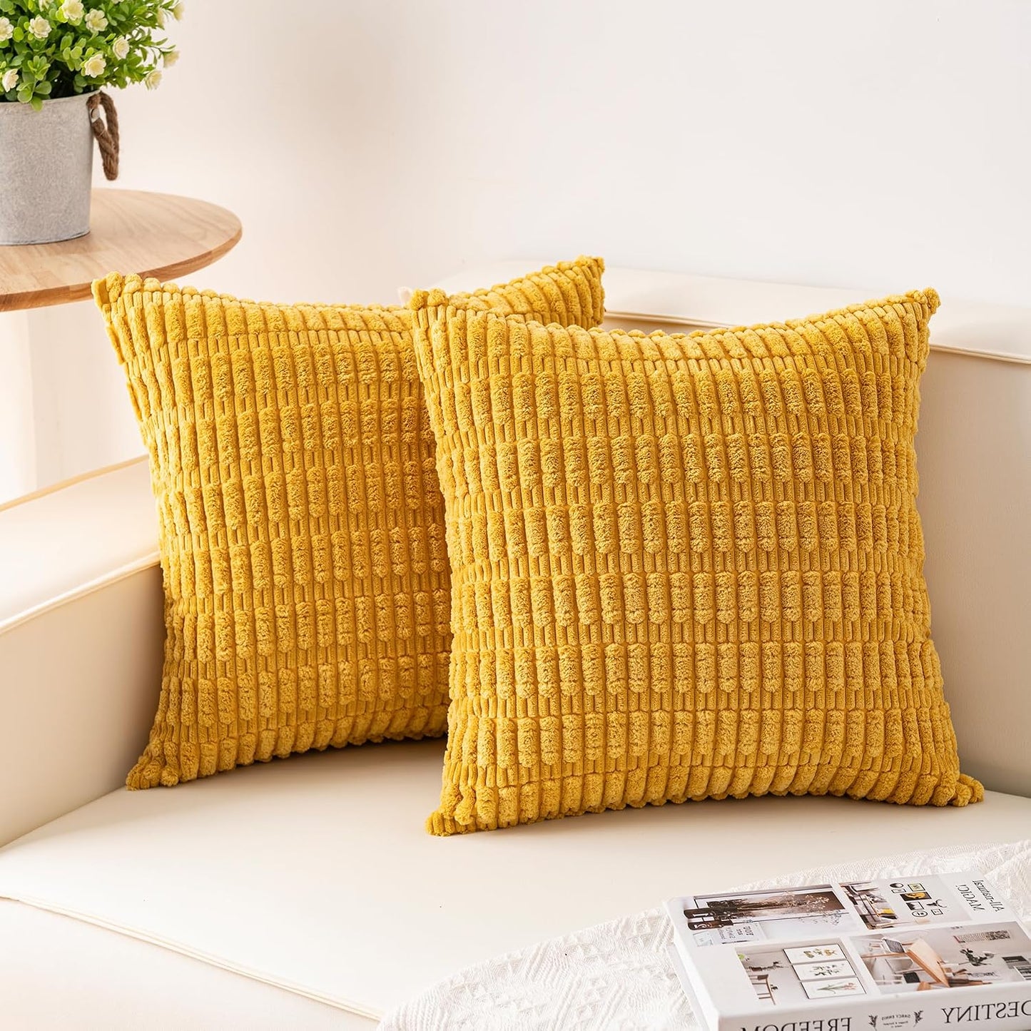 Aegero Pack of 2 Corduroy Decorative Throw Pillow Covers 18x18 InchSoft Boho Striped Pillow Covers Modern Farmhouse Home Decor for Sofa Living Room Couch Bed(Yellow)
