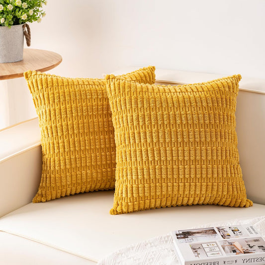 Aegero Pack of 2 Corduroy Decorative Throw Pillow Covers 18x18 InchSoft Boho Striped Pillow Covers Modern Farmhouse Home Decor for Sofa Living Room Couch Bed(Yellow)