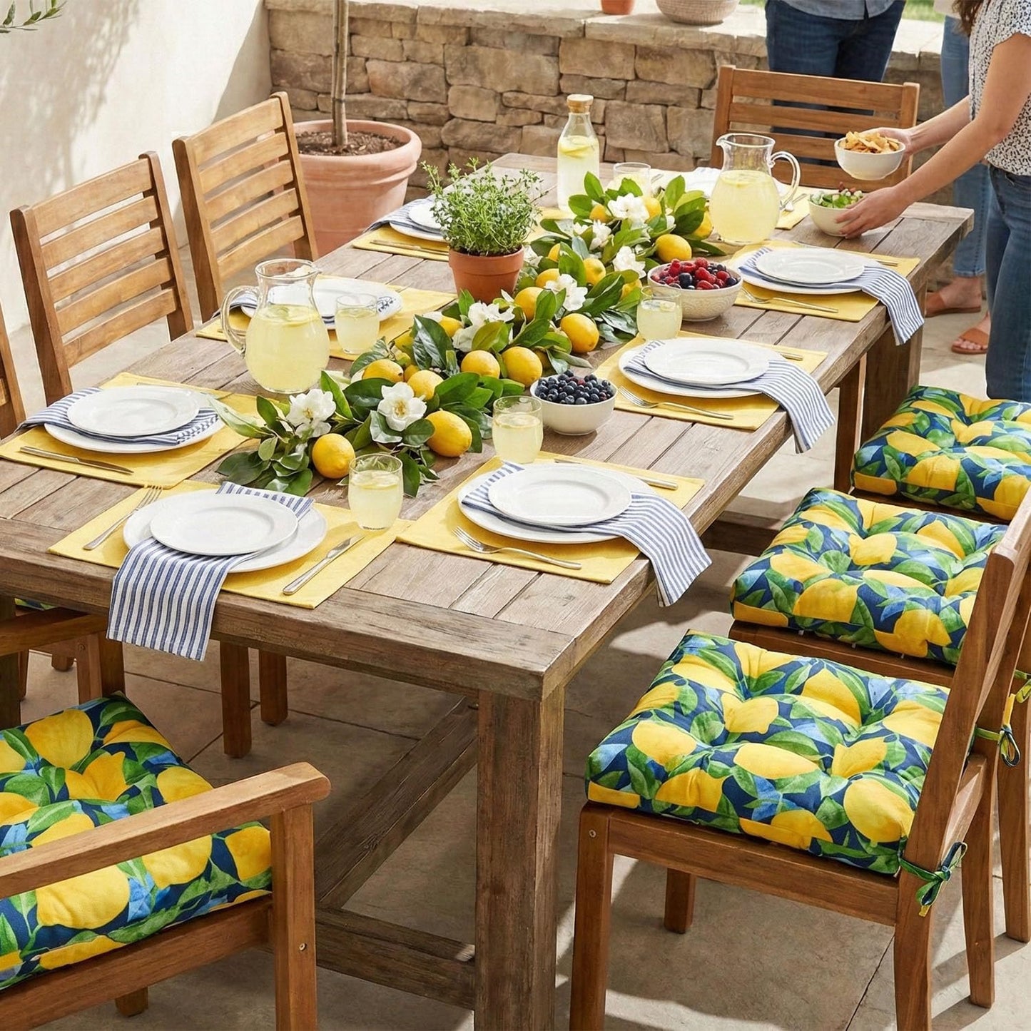 Barnett Home Decor Indoor Outdoor Dining Chair Cushions - Lemons Blue Mediterranean Size Small Patio Chair Cushions 15 x 17 - Fade Resistant Weather Resistant - Latex Foam Fill Pad