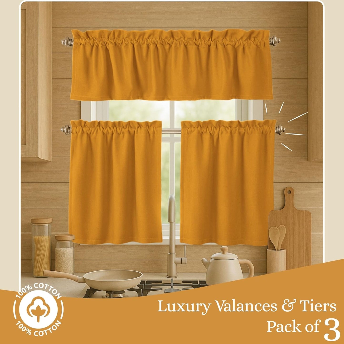 3 Piece Window Curtain Set, 100% Cotton, 2 Tiers 26x36 Inch & 1 Valance 54x18 Inch, Semi Sheer, Rod Pocket, Short Curtains for Kitchen, Café, Living Room, Bathroom, Mustard Yellow