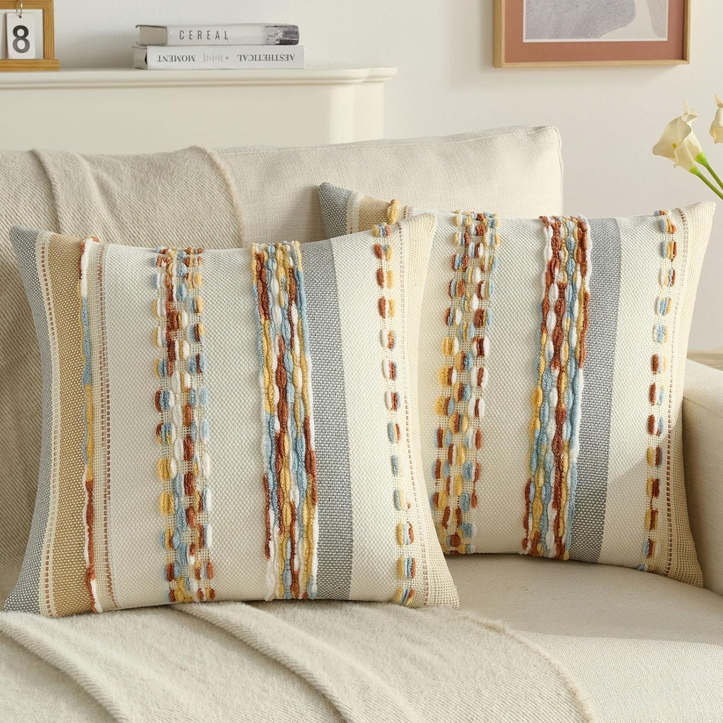 FUTEI Pack of 2 Boho Chenille Decorative Throw Pillow Covers 18x18 Inch Soft Tufted Striped Textured Cushion Case,Farmhouse Accent for Couch Bed Living Room, Rust Blue Yellow