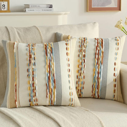 FUTEI Pack of 2 Boho Chenille Decorative Throw Pillow Covers 18x18 Inch Soft Tufted Striped Textured Cushion Case,Farmhouse Accent for Couch Bed Living Room, Rust Blue Yellow
