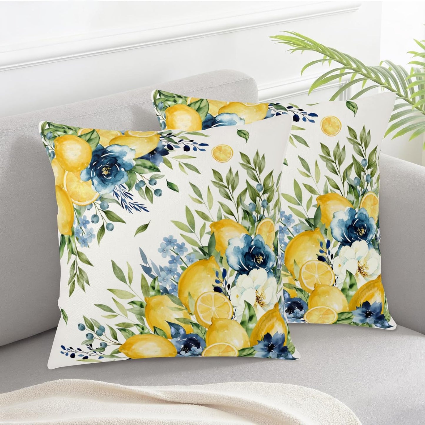 Summer Lemon Floral Pillow Covers 18x18 Set of 2 Yellow and Blue Lemons Fruit Flower Decorative Pillow Cases Spring Farmhouse Cushion Cover for Outdoor Sofa Couch Home Decor