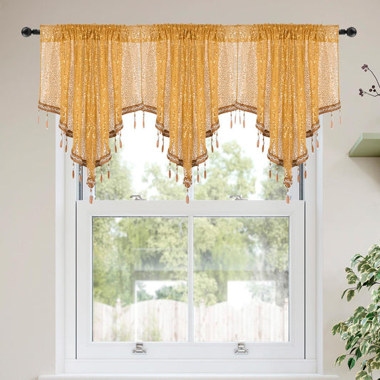 Molaxhome Swag Curtain 51 inch Length Rod Pocket Scalloped Curtain Valance Sheer Lace Panels with Hanging Crystal Beads for Kitchen Bedroom Window Treatments Drape Decor 1pc (Sequin Yellow, 51Wx23L)