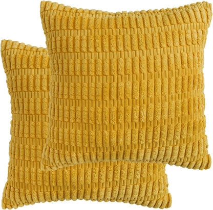 Corduroy Decorative Throw Pillow Covers, Boho Stripe Soft Square Cushion Case Home Decor for Living Room Couch Bed Sofa, Set of 2 Pack, Mustard Yellow, 26x26 Inch