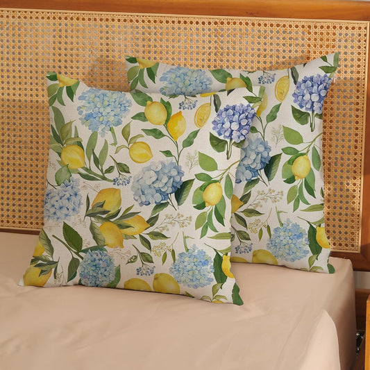 Blue Yellow Pillow Covers 18x18 Inch 2 Pcs Blue Hydrangea Floral Decor Throw Pillows Vintage Lemon Flower Seasonal Summer Outdoor Decoration Pillowcase Linen Cushion Cover for Couch Sofa