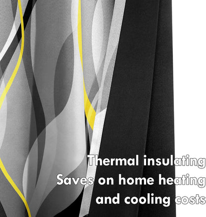 weesire Yellow and Grey Blackout Curtains Modern Striped Decorative 100% Light Blocking Darkening Grommet Yellow Curtain for Living Room Villa, Bedroom Gray and White 2 Panels Set, 52x84 Inches