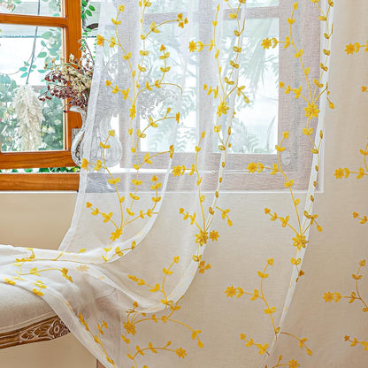 AmHoo 2 Panels Leaf Flora Embroidered Farmhouse Semi Sheer Curtain Voile Curtains for Living Room Bedroom Window Treatment White Gold Yellow 53 x 84 Inch
