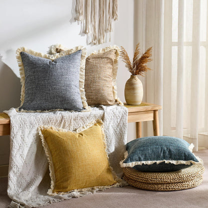 Mustard Yellow Faux Linen Decorative Throw Pillow Covers 18x18 Inch Set of 2 Boho Farmhouse Pillowcases with Tassels Rustic Woven Textured Burlap Cushion Cases for Sofa Bed Living Room Home Decor