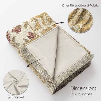 Loom and Mill Damask Patchwork Throw Blankets for Bed, Jacquard Floral Throws with Fringes Trim, Soft Lightweight Velvet Lined Throw Blanket for Sofa Couch Chair All Seasons(Beige Yellow, 52”x72”)