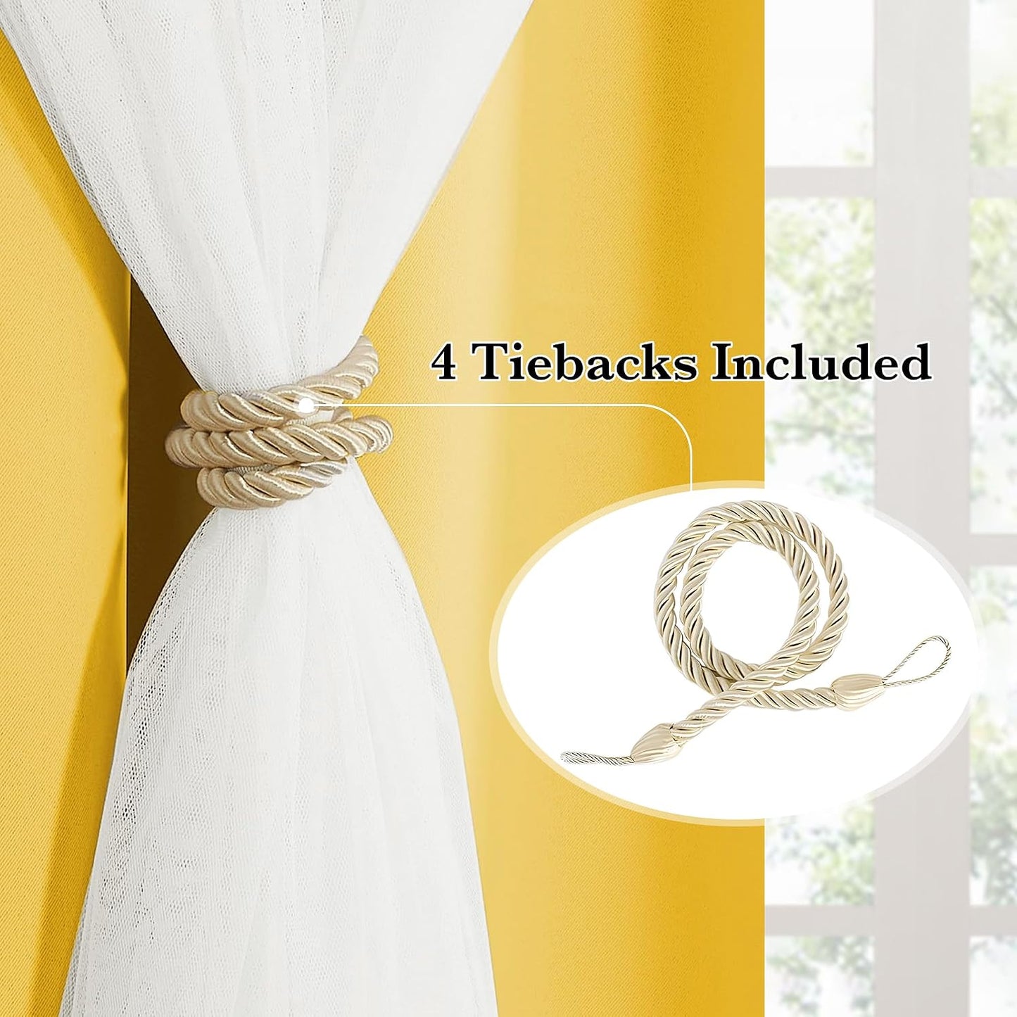 PONY DANCE Lemon Yellow Blakcout Curtains with White Sheer Overlay for Bedroom, Double Layer Grommet Drapes 84 Inches Long for Nursery/Living Room, 2 Panels Set with 4 Tiebacks, 52" W x 84" L