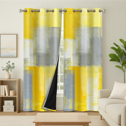 Yellow Grey Abstract Geometric Curtains – 100% Blackout Grommet Drapes, Thermal Insulated Window Panels for Bedroom, Living Room, Kids Room, 42 x 45 Inch