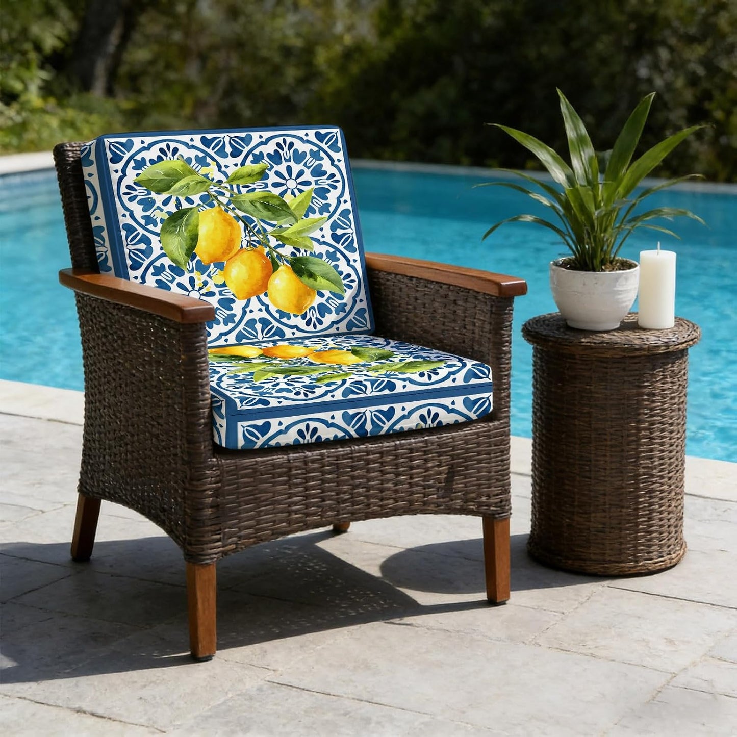 Yellow Lemon Indoor/Outdoor Seat Cushions Cover, Summer Country Fruits Italian Style Blue Waterproof Patio Chaise Lounge Cushion Cover for Beach Pool Side Chair Cushions 20''x18''x2pcs