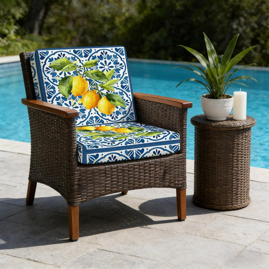 Yellow Lemon Indoor/Outdoor Seat Cushions Cover, Summer Country Fruits Italian Style Blue Waterproof Patio Chaise Lounge Cushion Cover for Beach Pool Side Chair Cushions 20''x18''x2pcs