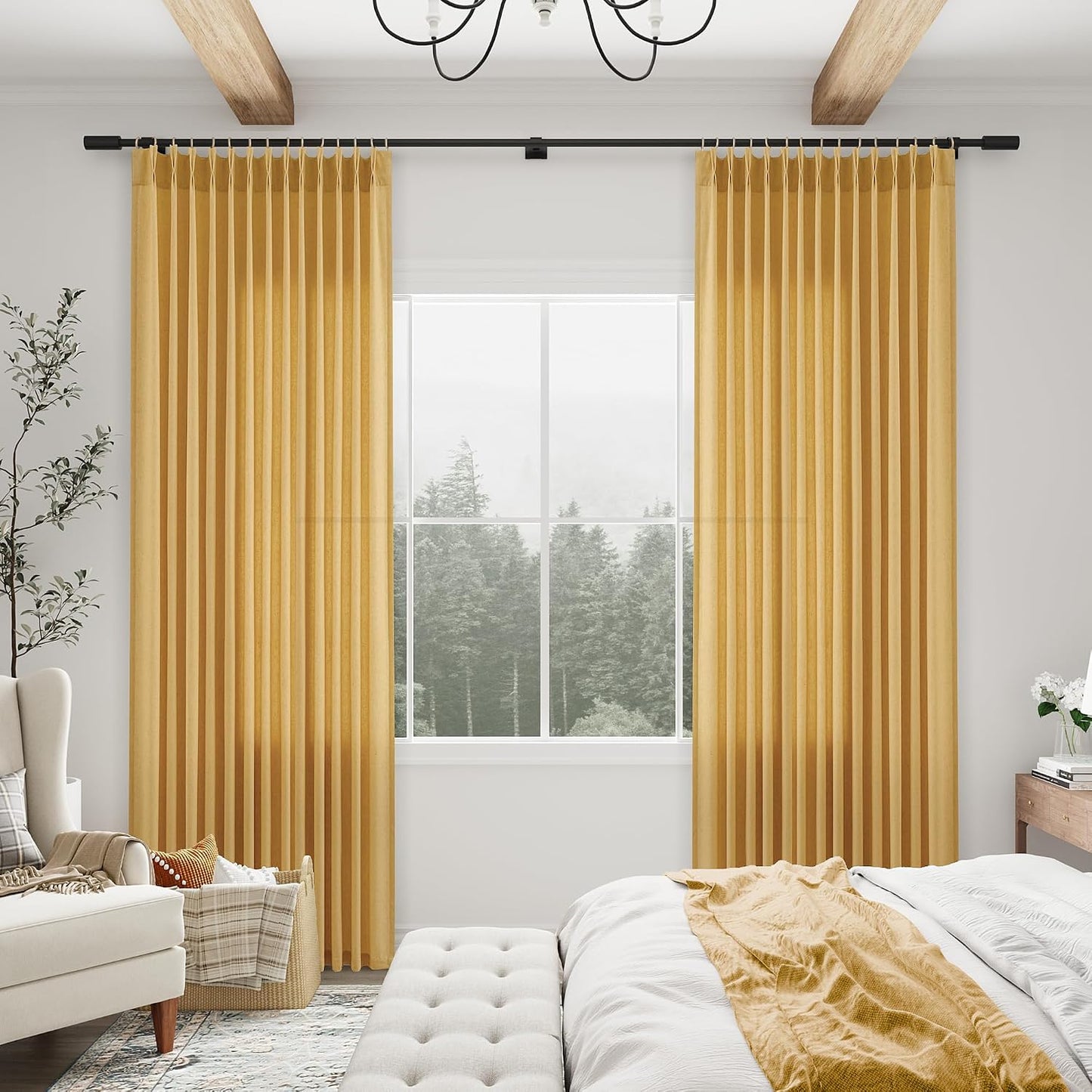 Aersas Gold Yellow Pinch Pleated Linen Curtains 84 Inch Length 2 Panels for Living Room Bedroom Semi Sheer Window Curtain Boho Neutral Back Tab Pinch Pleat Drape with Hooks 40x84