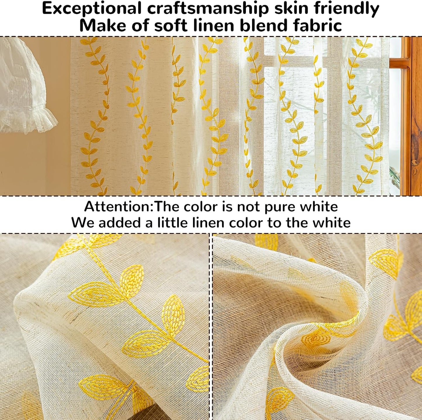 AmHoo 2 Panels Linen Leaf String Floral Embroidered Semi Sheer Curtain Farmhouse Voile Curtains for Living Room Bedroom Window Treatment Gold Yellow 52 x 84 Inch