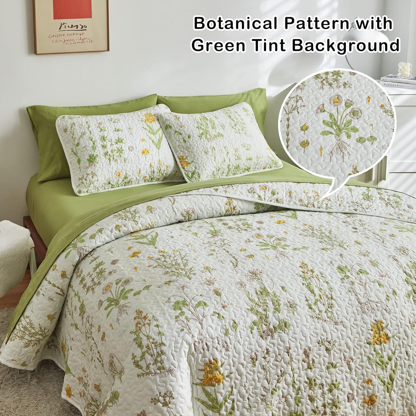 Joyreap 3 Pieces Reversible Quilt Set, Smooth Soft Microfiber Quilt, Yellow Flowers Green Leaves Botanical Design, Bedspread Bed Cover for All Season, 1 Quilt n 2 Pillow Shams (King, 102x90 inches)
