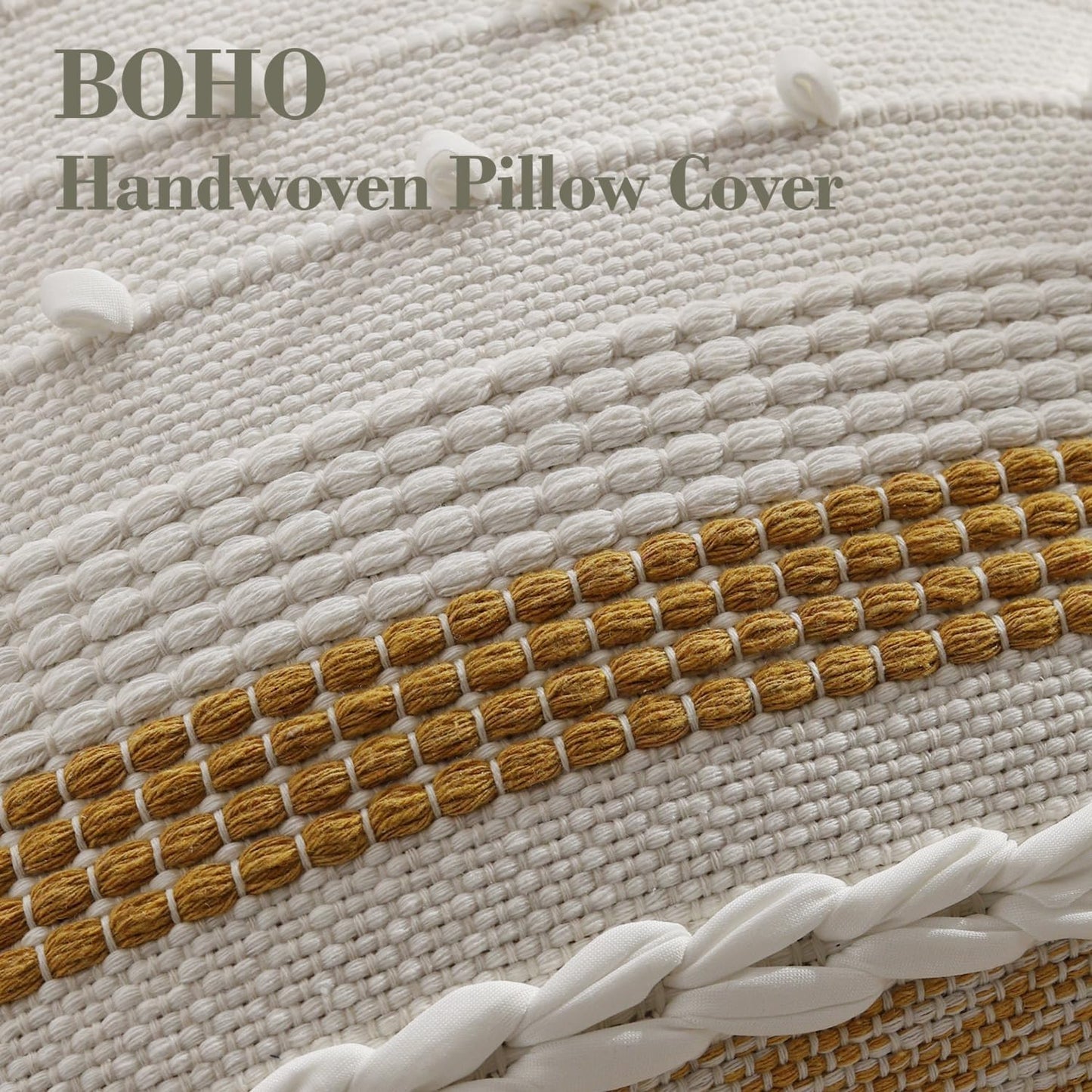 DEZENE Boho Lumbar Pillow Cover 12x20 Mustard Yellow - Handmade Woven Textured Throw Pillow Case with Cordings & Tassels, Decorative Accent for Couch Sofa Bed Farmhouse Living Room Bedroom Home Decor