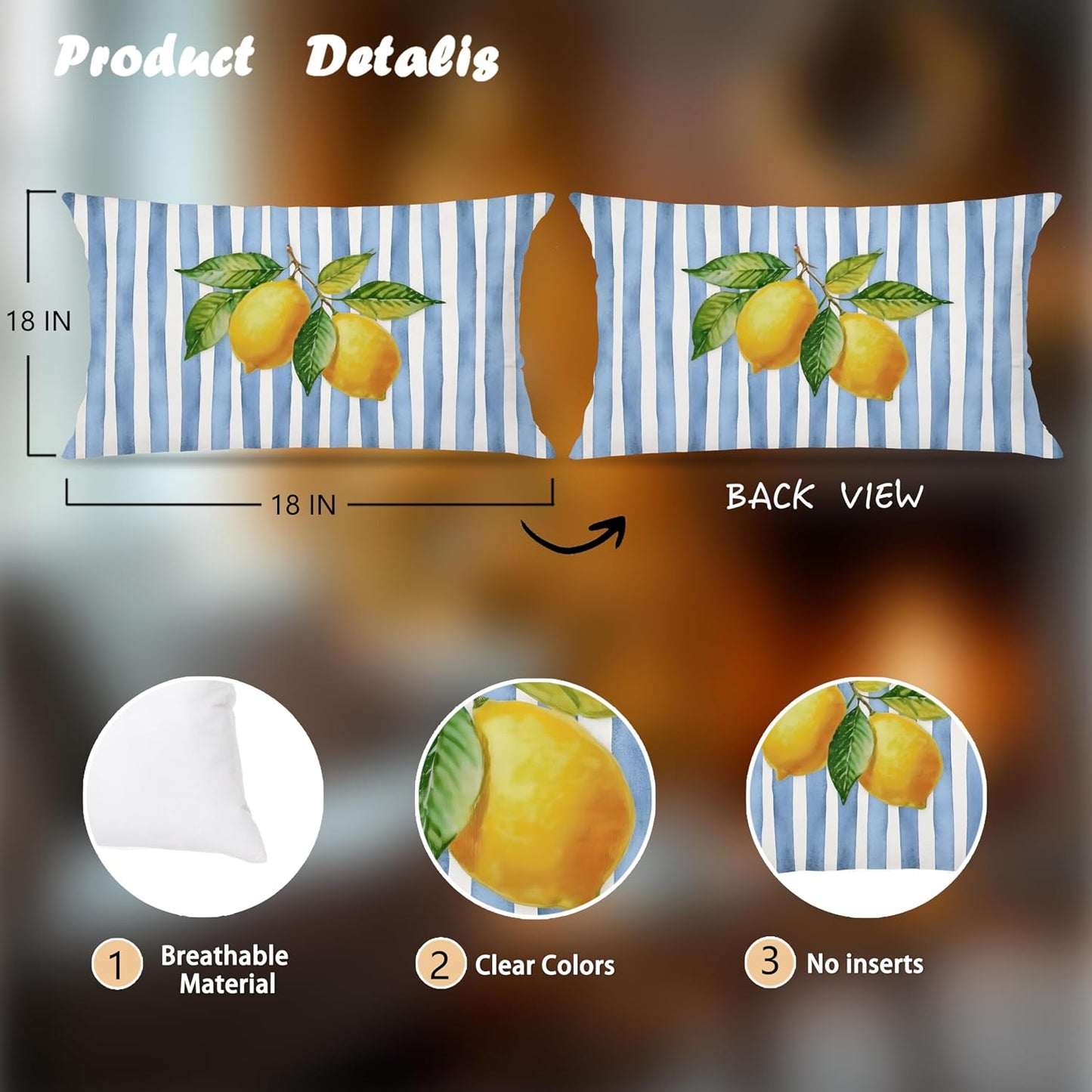 Blue and Yellow Summer Italian Mediterranean Amalfi Coast Lemon Pillow Cover Decor 12x20,Italian Striped Decorative Throw Pillow Cover Decor for Couch Double-Sided