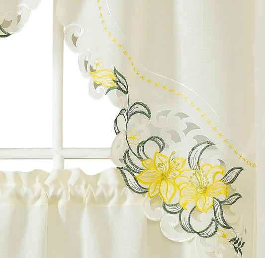 GOHD - Lily Fragrance. 3pcs Multi-Color Embroidery Curtain/Cafe Curtain/Swag & Tiers Set with cutworks. (Yellow)