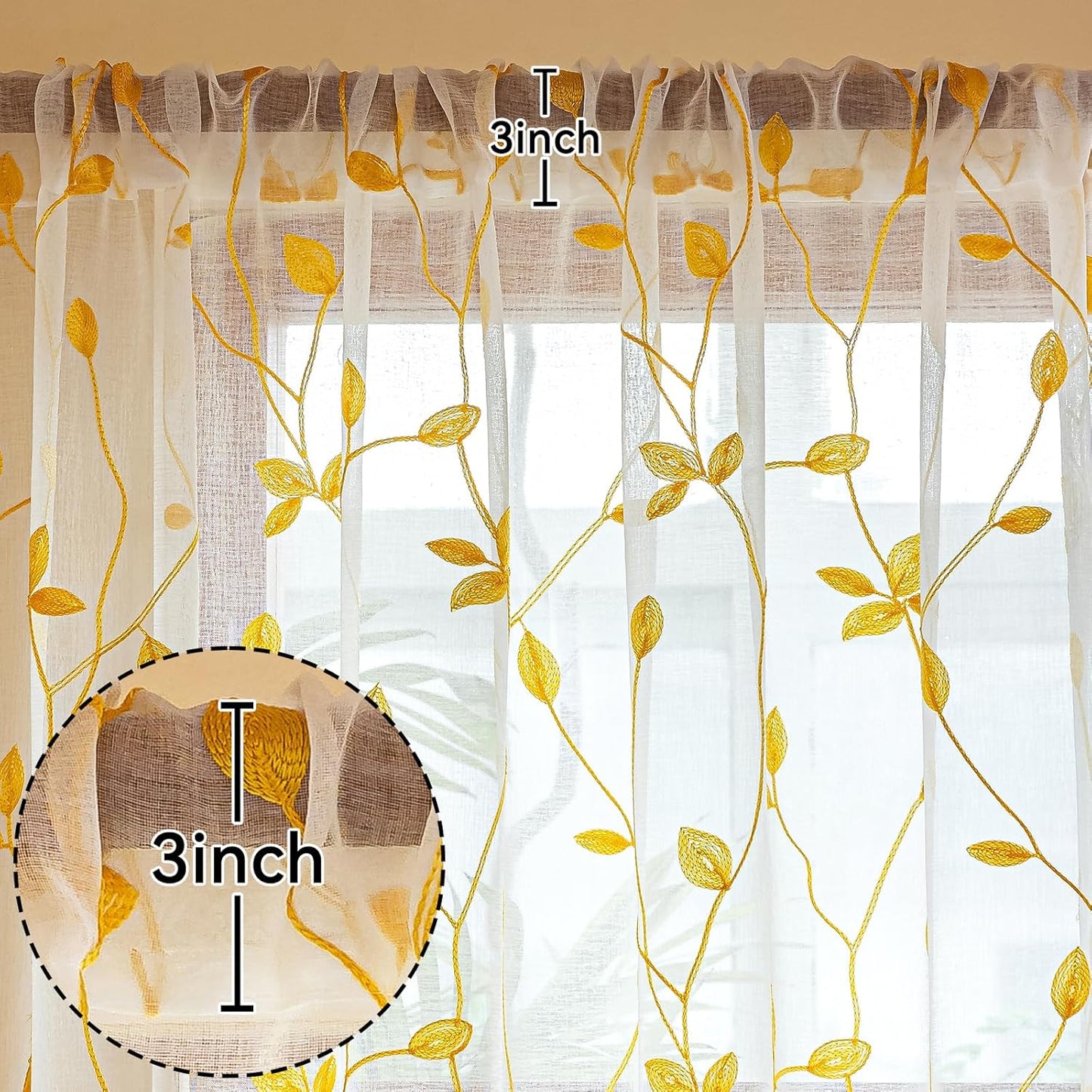 AmHoo 2 Panels Embroidered Leaf Pattern Semi Sheer Curtains Foliage Floral Voile Window Draperies Treatment for Bedroom Living Room Rod Pocket White Gold Yellow 53 x 63 Inch