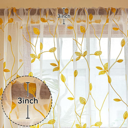 AmHoo 2 Panels Embroidered Leaf Pattern Semi Sheer Curtains Foliage Floral Voile Window Draperies Treatment for Bedroom Living Room Rod Pocket White Gold Yellow 53 x 63 Inch