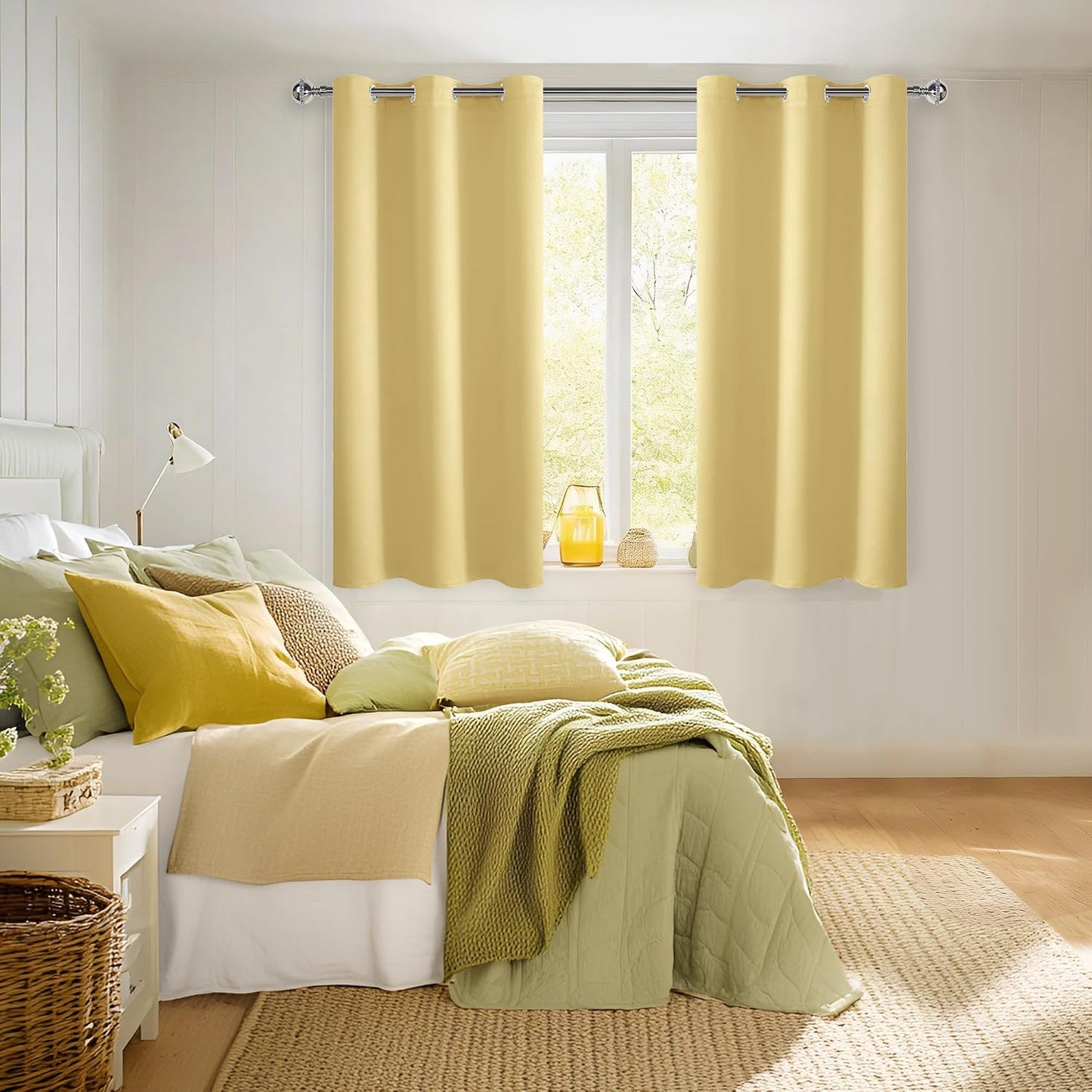 Hiasan Blackout Curtains for Bedroom - Thermal Insulated & Energy Saving Window Curtains for Living Room, 2 Drape Panels Sewn with Tiebacks, Light Yellow, 42 x 54 Inch