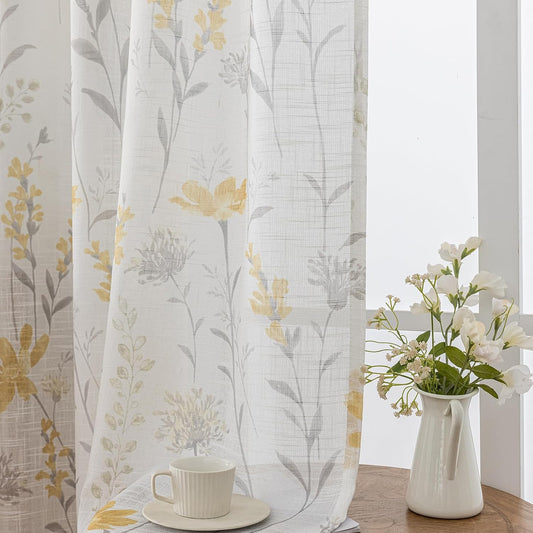 SUOUO Yellow Floral Semi-Sheer Curtains Linen Textured for Living Room Print Grey Leaves Light Filtering Boho Curtain for Bedroom Dining 84 inches Long 2 Panels Rod Pocket Sunflowers