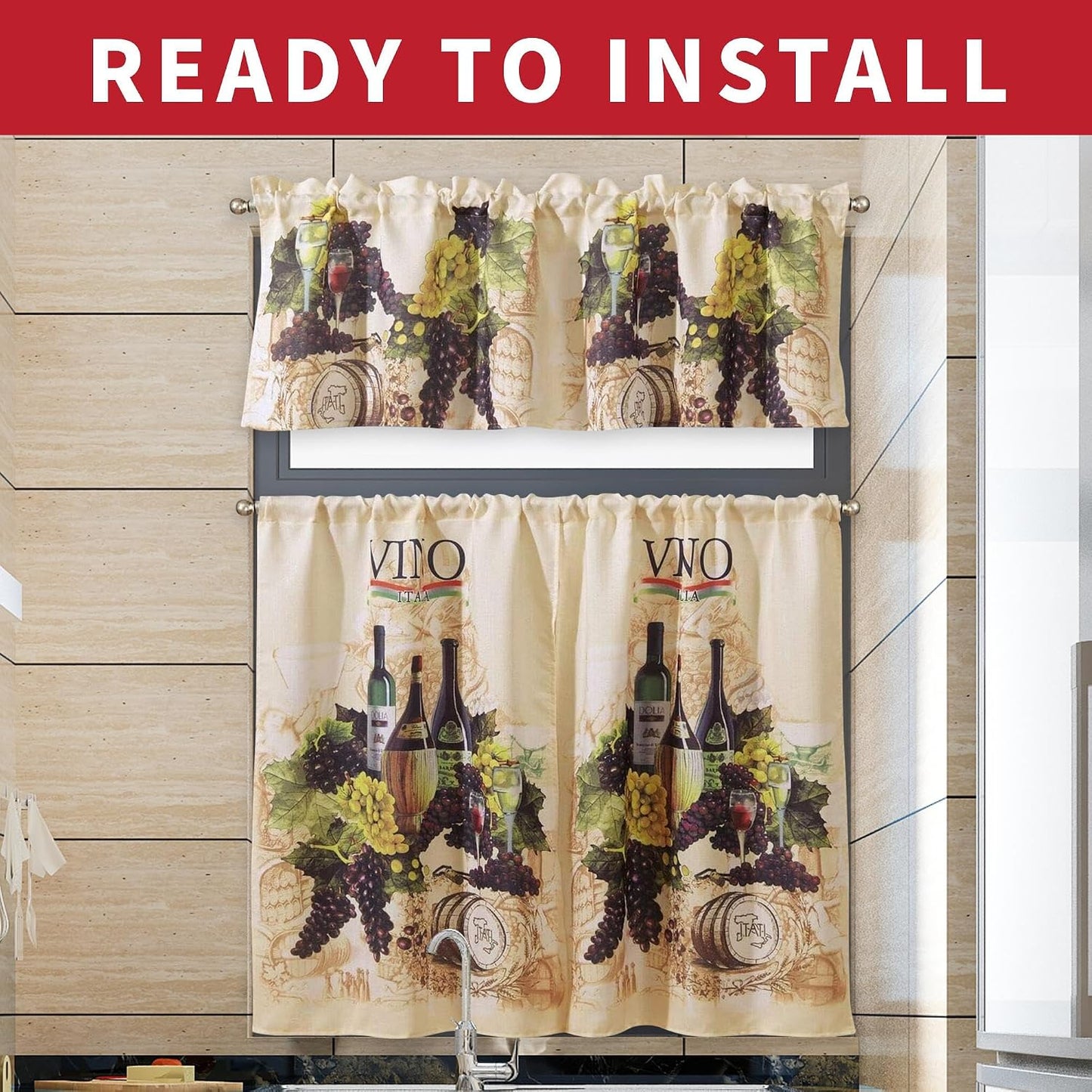 Sapphire Home Kitchen Curtain Linen 3 Piece Set - 2 Tiers + 1 Tailored Valance, Sunflower Design Linen Stylish Window Curtains for Your Kitchen Décor, KC Sunflower White Green Yellow