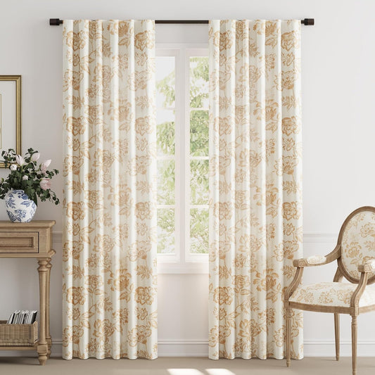 jinchan Floral Curtains Burlap Look Curtain 84 Inch Long Faux Linen Yellow Flower Patterned Drapes for Living Room Light Filtering Farmhouse Drape Rod Pocket Window Curtains for Bedroom 2 Panels