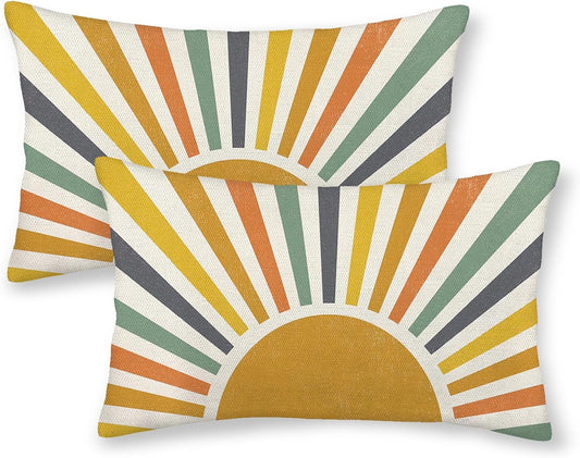 Boho Pillow Covers 12x20 Inch Set of 2 Colorful Stripes Yellow Sun Sunshine Decorations Outdoor Throw Pillow Covers Summer Rainbow Sun Pillowcase Lumbar Farmhouse Cushion Case for Sofa Couch