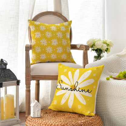 AVOIN colorlife Hello Sunshine Summer Yellow Throw Pillow Covers, 18 x 18 Inch Home Sweet Home Daisy Stripes Cushion Case for Sofa Couch Set of 4