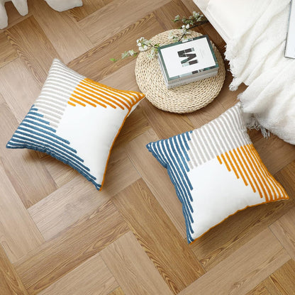 Boho Throw Pillow Covers 18x18 Pack of 2 Modern Striped Patchwork Farmhouse Pillow Covers Decorative for Couch Sofa Bed Outdoor Yellow and Blue Throw Pillow Covers