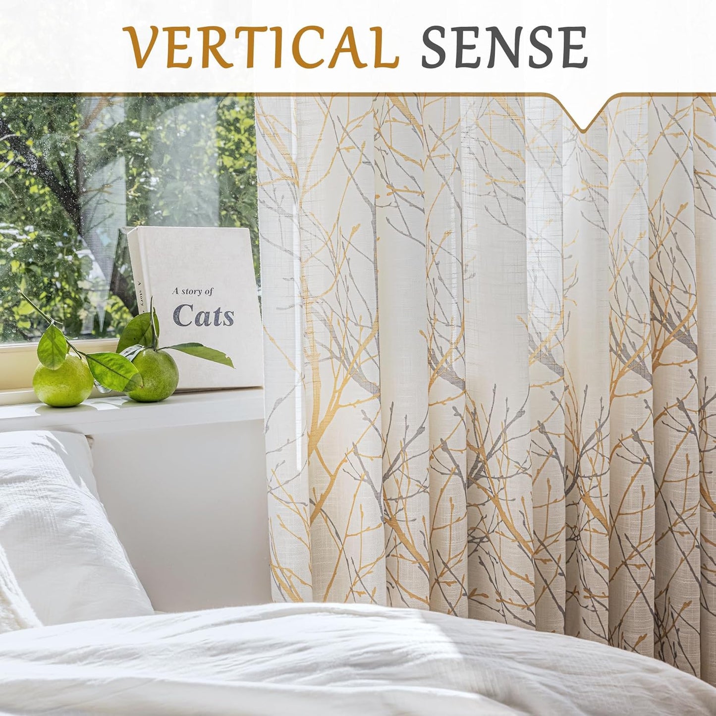 FMFUNCTEX Linen Semi Sheer Curtains for Bedroom, Yellow White Curtains 84 Inches Long for Living Room, Grey Tree Branch Print Curtain Light Filtering Farmhouse Window Drapes, Grommet Top 2 Panels
