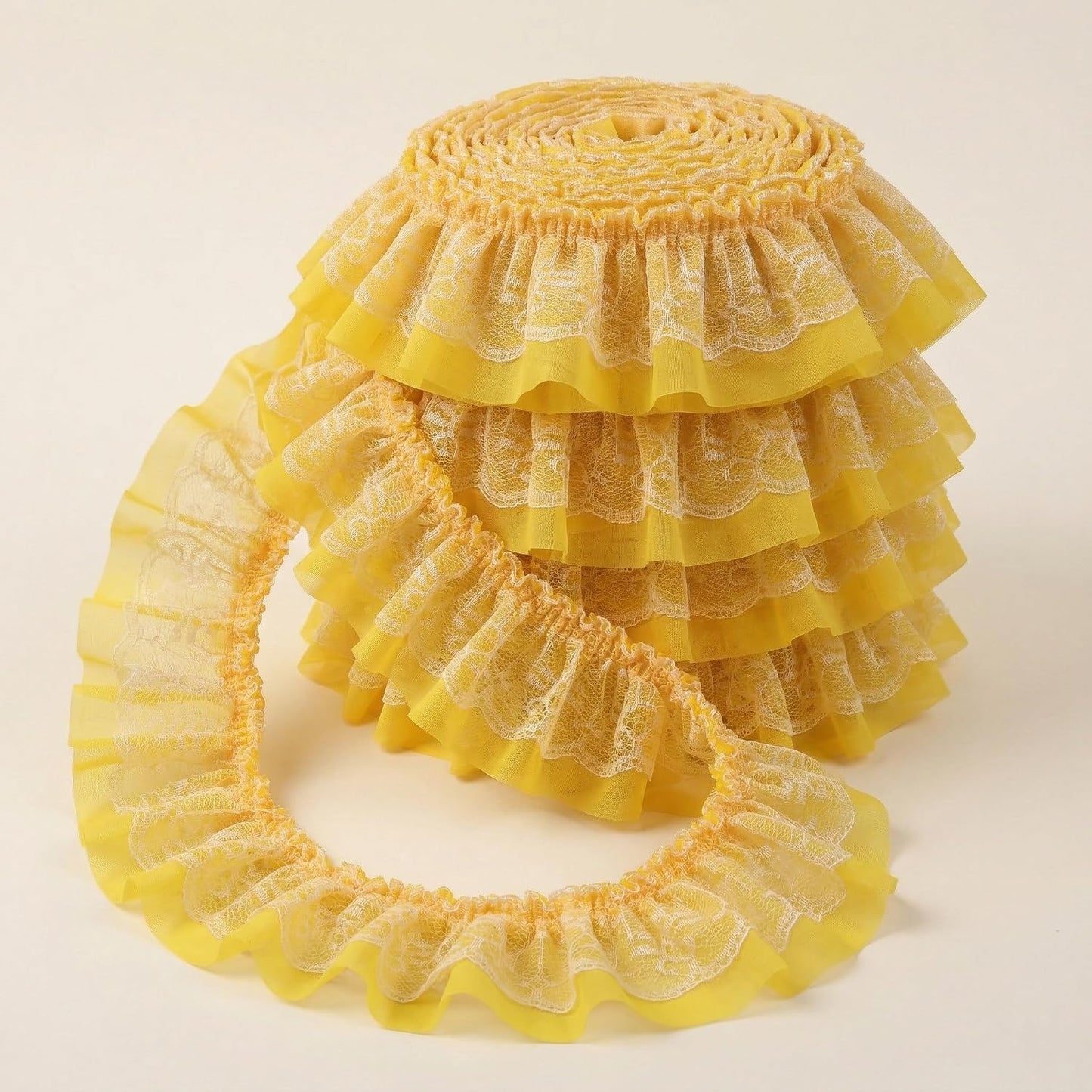 GXTIZAS Yellow Lace Ruffle Ribbon, Double Layer Pleated Chiffon Lace Trim, 6cm Wide Elastic Decorative Lace Edge for Sewing, Clothing, Pillowcase & DIY Craft Decoration (Perfect for 10-15 Projects)
