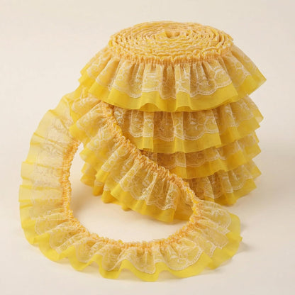 GXTIZAS Yellow Lace Ruffle Ribbon, Double Layer Pleated Chiffon Lace Trim, 6cm Wide Elastic Decorative Lace Edge for Sewing, Clothing, Pillowcase & DIY Craft Decoration (Perfect for 10-15 Projects)